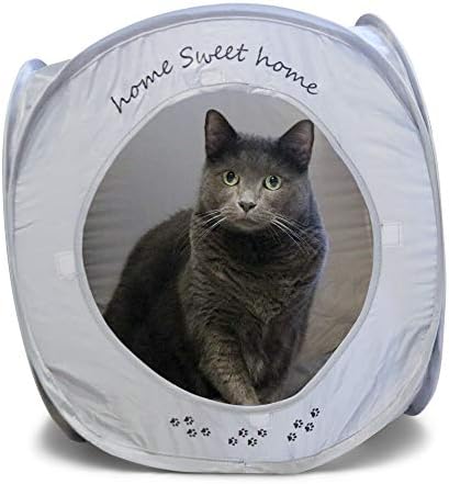 Home Sweet Home Pop Up Cat Cube. A Collapsible Indoor Cat House. Covered Pet Bed Hideaway Cave for Dogs and Other Pets Too. (Pop Up Cube- Gray)
