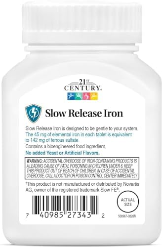 21st Century Slow Release Iron 45mg Tablets, Gentle on Stomach, 60 Count | High-Potency Ferrous Sulfate, Compare VS. Slow FE® & Healthy Red Blood Cells, Gluten Free, No Added Yeast, For Women & Men