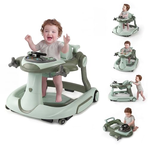 7 in 1 Foldable Baby Walker, Rock/Push Mode/Activity Center, Green | Adjustable Height & Speed, Music, Lights, Footrest, Detachable Play Toy Panel, Walker with Wheels for Infants 7-18 Months