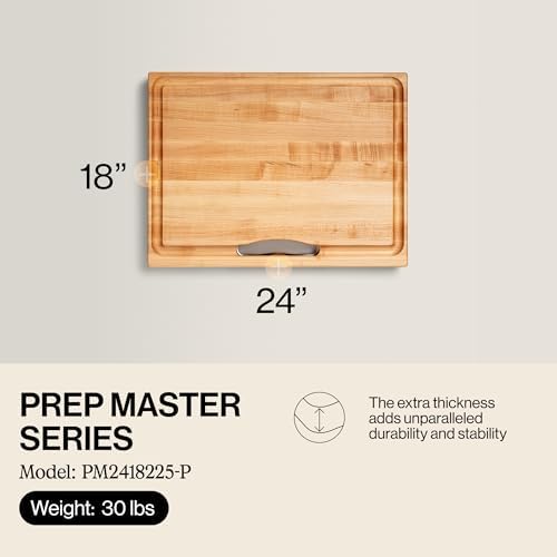 John Boos Newton Prep Master Series Rectangular Wooden Maple Cutting Board 15”x14” – 2.25” Thick, 14-lb Reversible Butcher Block with Catch Pan, Sloped Juice Groove & Edge-Grain – Made in the USA