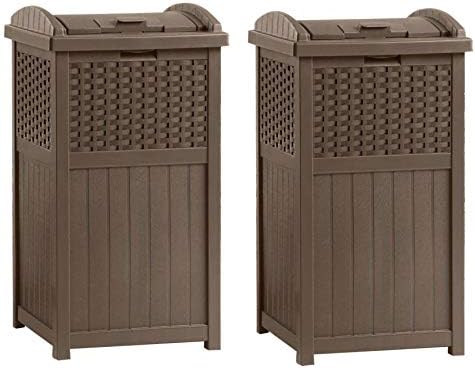 Suncast 2 Pack 33 Gallon Commercial Outdoor Trashcan Hideaway with Lid for 30 to 33 Gallon Trash Bags for Garage, Backyard, or Garden, Brown