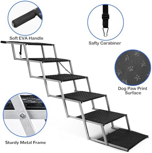 Foldable Dog Stairs for Car,17" Extra Wide Pet Ramp for Large Dog,6 Steps | 17" Extra Wide 200LBS Capacity Lightweight Portable Reinforced Pet Ramp for SUV Truck High Bed