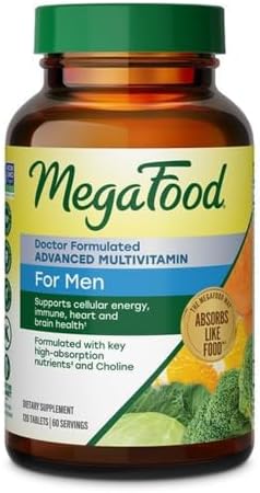 MegaFood Advanced Multivitamin for Men, Doctor Formulated, 120 Tablets | Immune Support, Cellular Energy, Heart & Brain Health, Choline, Methylfolate, Vitamin C, D3, Zinc, Vegetarian, 60 Servings