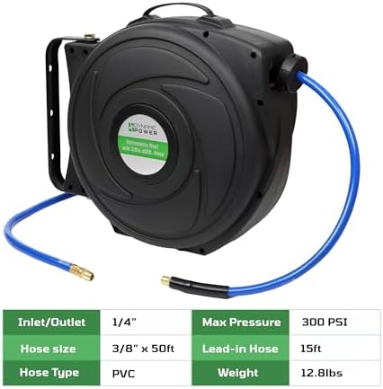 DYNAMIC POWER Elite Retractable Air Hose Reel with 3/8-Inch by 50-Feet PU Air Hose exceptional resistance to abrasion, oil, and weather - DP-HR5-315
