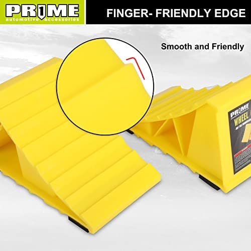 PR1ME Wheel Chocks with Non-Slip Base for RV & Trailer. 2 Pack Heavy Duty Wheel Chock with Bright Yellow. Lightweight Wheel Stoppers for Cars Camper