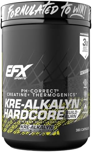 EFX Sports Kre-Alkalyn Hardcore | Thermogenic pH Correct Creatine Monohydrate Pill Supplement | Energy & Strength Pre Workout | 40 Servings, 120 Capsules