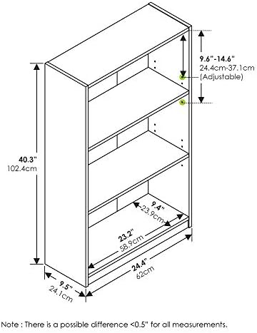 Furinno Jaya Book Shelf, 3-Tier Bookshelf, Bookcase with Adjustable Shelves, 9.5 x 24.5 x 40.3, for Organization and Storage, for Living Room, Bedroom, Home Office, White