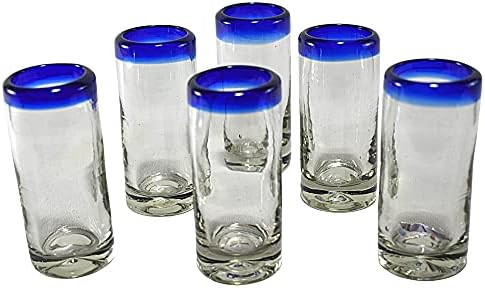 MAREY Hand Blown Drinking Glasses Artisan Crafted from Mexico Set of 6 pieces (Cobalt Blue Rim, Water 16 Oz.)