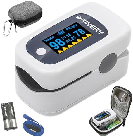 WRINERY Fingertip Pulse Oximeter, Oxygen Saturation Monitor, O2 Saturation Monitor, OLED Portable Oximetry with Batteries, Lanyard (Gray-White)