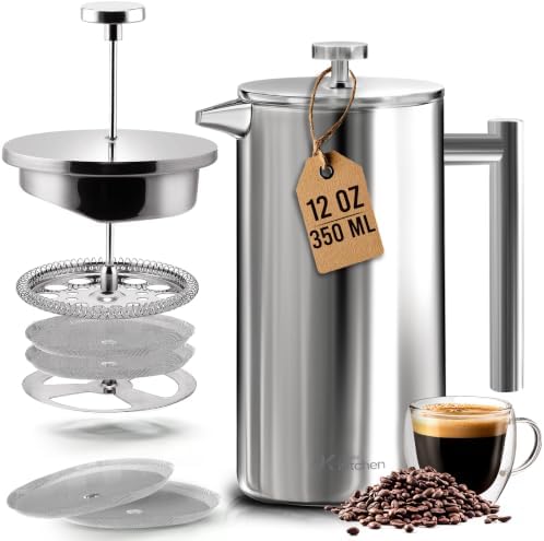 Utopia Kitchen 304 Grade Stainless Steel French Press 34 Oz, Silver | Double Wall Insulated Coffee Press with 4-Level Filtration System, Include 2 Extra Filters, Rust-Free, Dishwasher Safe
