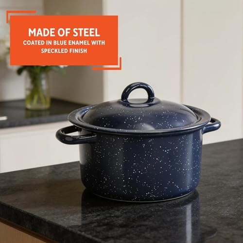IMUSA USA C20666-1062810W Speckled Enamel Stock Pot with Lid, 4 Quart, Blue | Speckled Enamel Finish, Durable Steel Construction, Ideal for Soups and Stews, Great for Everyday Family Meals