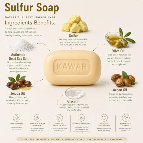 KAWAR Premium Dead Sea Sulfur Soap with Olive Oil, Face & Body Bar, 1-Pack | No Fragrance, No Artificial Colorants, Authentic Dead Sea - Vegan Formula Enriched with Argan & Jojoba Oil, Men & Women