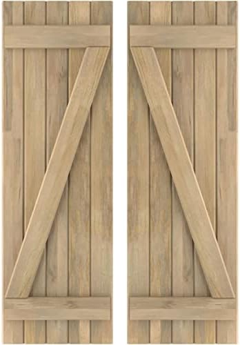 17 1/2"W x 48"H Americraft Five Board (2 Batten) Exterior Real Wood Joined Board-n-Batten Shutters w/Z-Bar (Per Pair), Unfinished