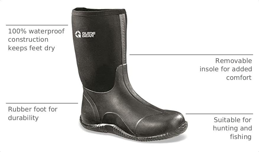Guide Gear Men's Mid-High Bogger Waterproof Rubber Hunting Work Rain Boots 12”, 5mm Neoprene Top