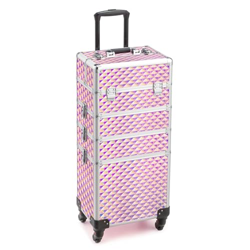 mefeir 4 in 1 Rolling Makeup Train Case, Aluminum Makeup Travel Organizer Cosmetic Case, Cosmetology Display Suitcase on Wheels, Beauty Storage Luggage Lockable w/4 Removable Wheels (Black)