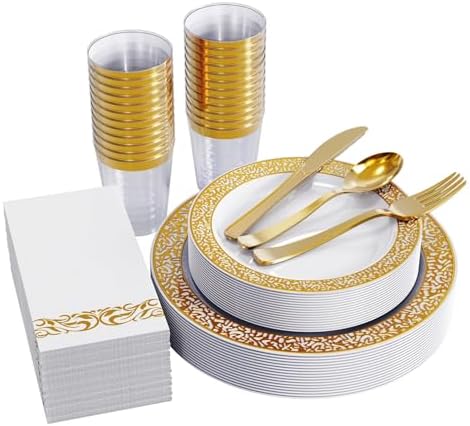 FOCUSLINE 175 Pieces Rose Gold Disposable Dinnerware Set for 25 Guests
