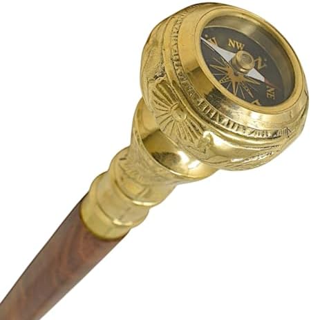 FYNJREX Travelers Compass Gentleman's Walking Stick, Fancy Cane for Women, Brass Handle and Hardwood Cane, Fold able Wooden Canes, Gift Idea