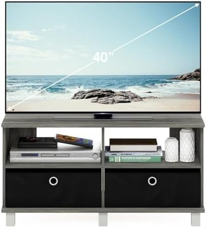 Furinno Andrey Entertainment Center with Bin Drawers, French Oak Grey/Black | Open Shelf TV Console for TV up to 46 Inch with Bin Drawers