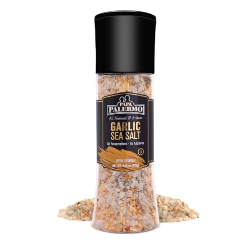 Papa Palermo Garlic Sea Salt Seasoning with Grinder, Kosher, All Natural, No Additives, 9.52 oz