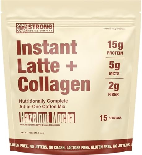 Strong Coffee Co. Hazelnut Instant Latte | 15 Servings | Organic Coffee with Collagen Protein | Lion’s Mane & L-Theanine | Adaptogens & Nootropics
