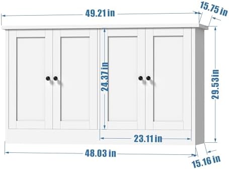 holzart White Buffet Cabinet with Storage, 49" Modern Kitchen Sideboard with 4 Doors & Adjustable Shelves, Wood Coffee Bar Cabinet Console Table for Dining Room, Living Room, Entryway