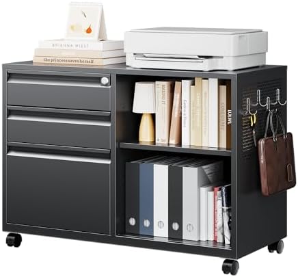 Mobile 3 Drawer File Cabinet with Lock-Metal Lateral Rolling Printer Stand Filing Cabinets for Home Office-Storage A4/F4/Letter (White)