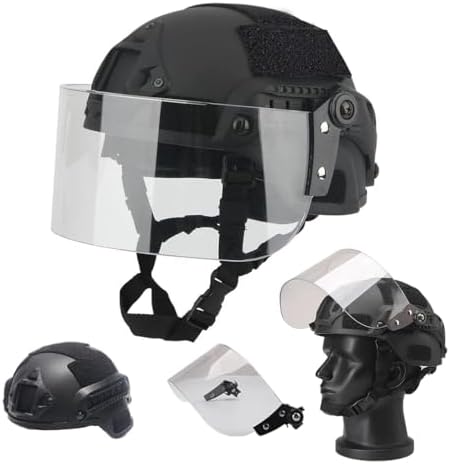 Tactical MICH 2000 Fast Helmet with Clear Riot Visor Face Shield Sliding Goggles for Airsoft Paintball CS War Games Outdoor Sports.