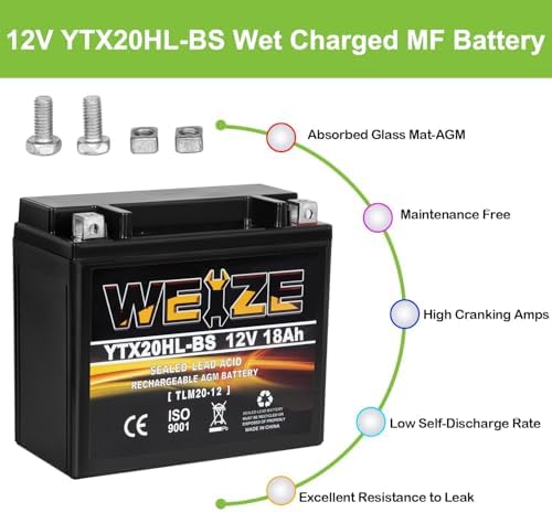 Weize YTX20HL-BS Battery, High Performance - Maintenance Free - Sealed AGM ETX20HL BS Motorcycle Battery