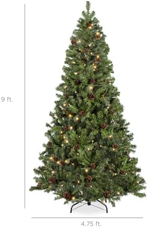 Best Choice Products 7.5ft Pre-Lit Pre-Decorated Pine Artificial Christmas Tree w/Twinkling LEDs, 1, 346 Flocked Frosted Tips, 80 Pinecones
