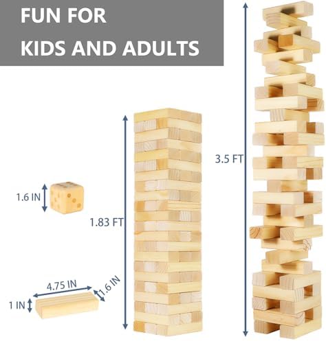 Megwoz Giant Tumble Tower Games for Kids and Adults 57 Blocks New Zealand Pine Wooden Blocks Stacking to Over 4.2FT Family Game for Indoors Outdoors