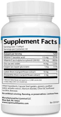 Lipotriad Visionary Eye Vitamins, 60 Capsules, 30-Day Supply | Lutein and Zeaxanthin Supplements with AREDS 2 Ingredients to Support Eye Health