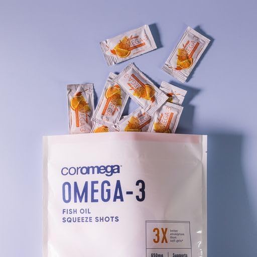 Coromega - Omega 3 Fish Oil Supplement - 30 Squeeze Packets - 650mg | Orange Flavor, 3X Better Absorption Than Softgels, Easy To Take, No Fishy Aftertaste, Convenient Daily Serving