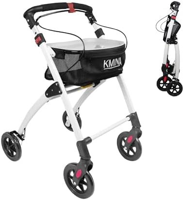KMINA Narrow Walker for Small Spaces, Foldable Walker with Tray and Basket, 4 Wheels and Brakes, Lightweight Indoor Rollator for Seniors, Black, PRO Model