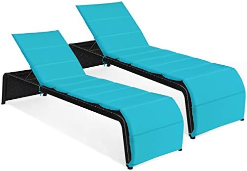 Tangkula Outdoor Chaise Lounge Chair, 5-Position Adjustable Rattan Recliner Chair w/Cushioned Seating and Adjustable Feet