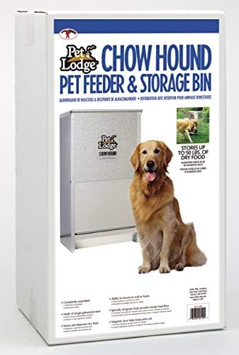 Pet Lodge® Automatic Dog Feeder | Chow Hound Outdoor Pet Feeder | Tough Galvanized Steel | Made in USA (25 lb) | Easy Access Magnetized Door and Angled Chute for Dogs, Silver, 1 Pack