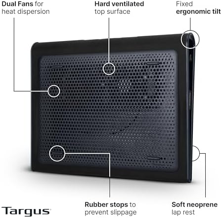 Targus 17 Inch Dual Fan Lap Chill Mat - Soft Neoprene Laptop Cooling Pad for Heat Protection, Fits Most 17" Laptops and Smaller - USB-A Connected Dual Fans for Heat Dispersion (AWE55US)
