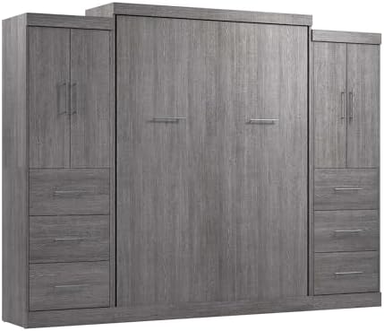Bestar Nebula Queen Murphy Bed with 2 Wardrobes (115W) in White, Sleeping Arrangement and Closet Organizers for Multipurpose Room | 2 Wardrobes; supports up to 1000 lb; min. ceiling height 91.1 in.; dual piston mechanism; 10-year warranty