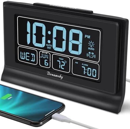 DreamSky Alarm Clocks for Bedrooms with Battery Backup, Auto Set | Digital Clock with Date & Day of Week, 5 Inch Large Display, Weekday, Temperature, USB Port, Auto DST, Brightness Dimmer