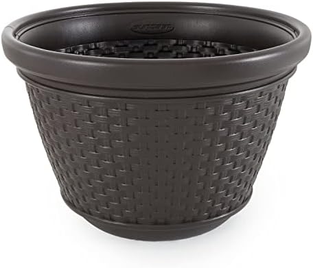 Suncast Decorative Wicker Garden Hose Holder Pot with 4 Drain Holes for 100 Foot Hoses, Java