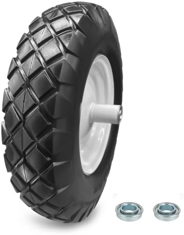 16" 4.80/4.00-8 Flat Free Solid Polyurethane Tire and Wheel with 2Pcs 3/4" Bearing, 1 Pack PU Airless Tires with 5/8" Ball Bearings 6" Iron Hub for Hand Truck/Tool Cart/Garden Carts, 1 Pc
