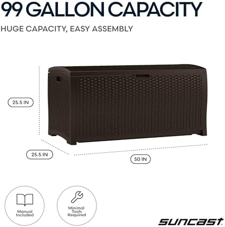 Suncast 99 Gal Wicker Resin Deck Box, Storage Chest Bin with Handles, Java