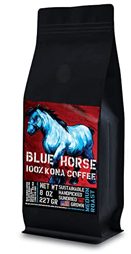 Blue Horse 100% Kona Coffee Whole Bean - 16 oz Medium Roast, Farm Fresh | Certified Organic, Arabica Whole Beans,, Grown In Hawaii USA, Shade Grown, Handpicked, Vacuum Sealed Bag, Caffeinated, Vegan