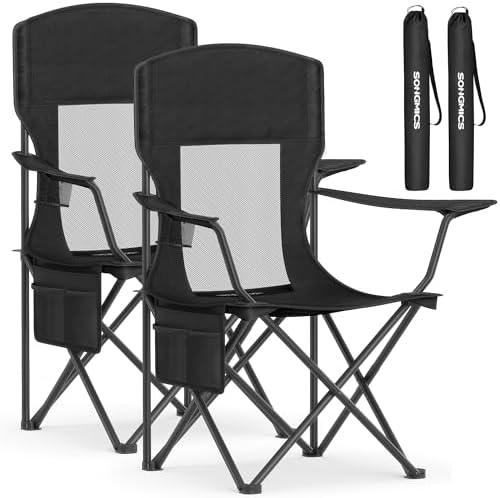 SONGMICS Camping Chair, Folding Oversized Chair, Comfortable and Heavy-Duty, 352 lb Weight Capacity, Adjustable Armrests with Cooler Bag, Storage Bag, Breathable Mesh, Bijou Blue UGCB060Q01