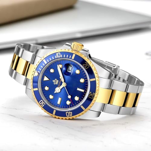 FANMIS Men's Two-Tone Stainless Steel Quartz Watch, Rotating Bezel and Date | Green Dial, Luminous Hands and Markers, Magnified Date Window, Fold-Over Safety Clasp, 30M Water Resistant for Everyday Wear.
