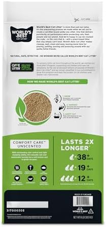 World's Best Cat Litter, Comfort Care, Unscented, Odor Control, 8 lb Bag | Gentle odor control for sensitive cats and lasts 2x longer; natural corn litter, quick clumping, flushable, 99% dust free