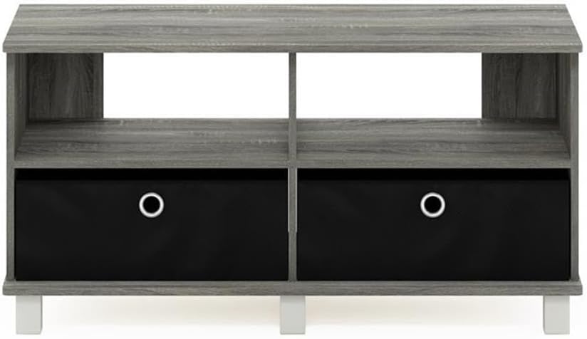 Furinno Andrey Entertainment Center with Bin Drawers, French Oak Grey/Black | Open Shelf TV Console for TV up to 46 Inch with Bin Drawers