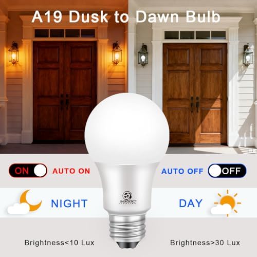 Energetic 4-Pack Dusk to Dawn LED Outdoor Light Bulb, 60 Watt Equivalent(6W), 800LM, Warm White 3000K, E26 Base