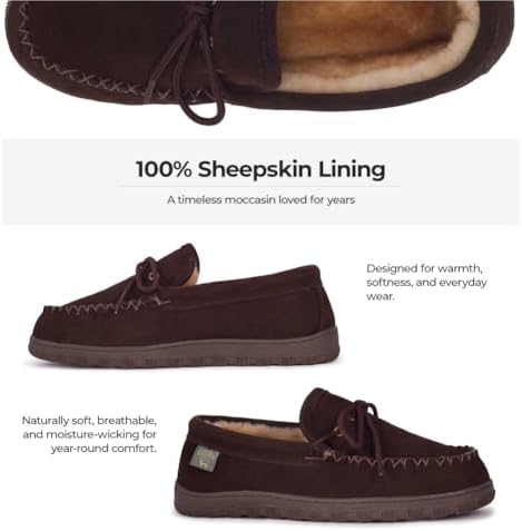 Cloud Nine Sheepskin Men's Moccasin Slippers - Classic Comfortable Slip-On Slippers for Men with Removable Insole