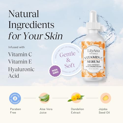LilyAna Naturals Vitamin C Serum for Face with Hyaluronic Acid and Vitamin E, Anti Aging Serum, Reduces Age Spots and Sun Damage, Promotes Collagen and Elastin (1oz)
