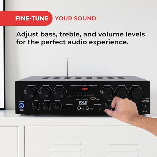 Pyle Bluetooth Wireless Home Amplifier System - Upgraded 6 Channel Audio, 750 Watt Power, Easy Karaoke, Stereo Receiver w USB-A, Micro SD, Headphone